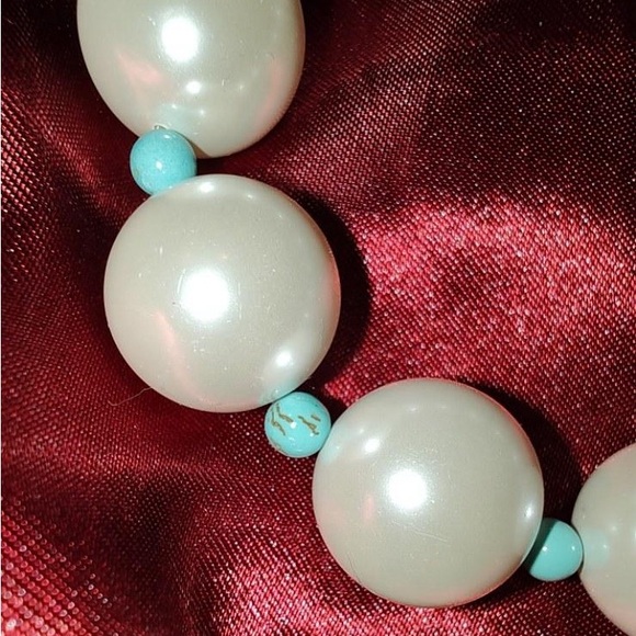Chunky Glass Pearl Bracelet • Turquoise-Colored Stone • Stretch 7” - Picture 2 of 6